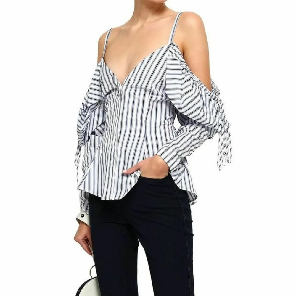 PETERSYN Revolve Alice Cold Shoulder Top NWT Small Blue/White Stripe